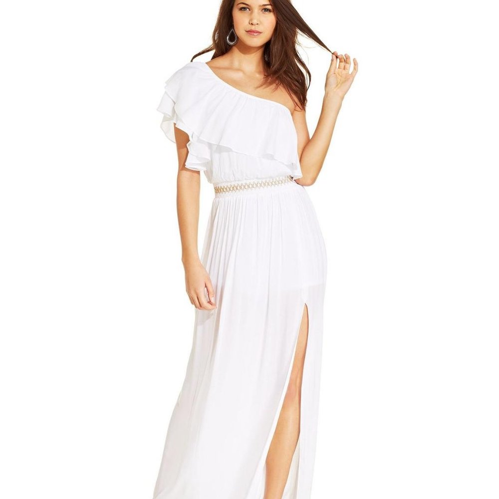 White Maxi Dress Ruffle One Shoulder Grecian Goddess XOXO